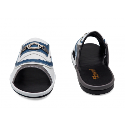Men Sandals SKF-40 Dark Gray Nappa-White Pebble grain-Blue Nappa Microfiber Leather